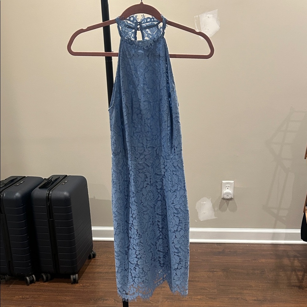 high neck lace mini dress